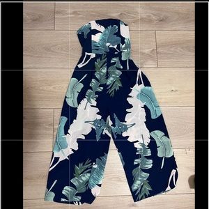 Shien tropical print wide leg tube top jumpsuit with smocked back